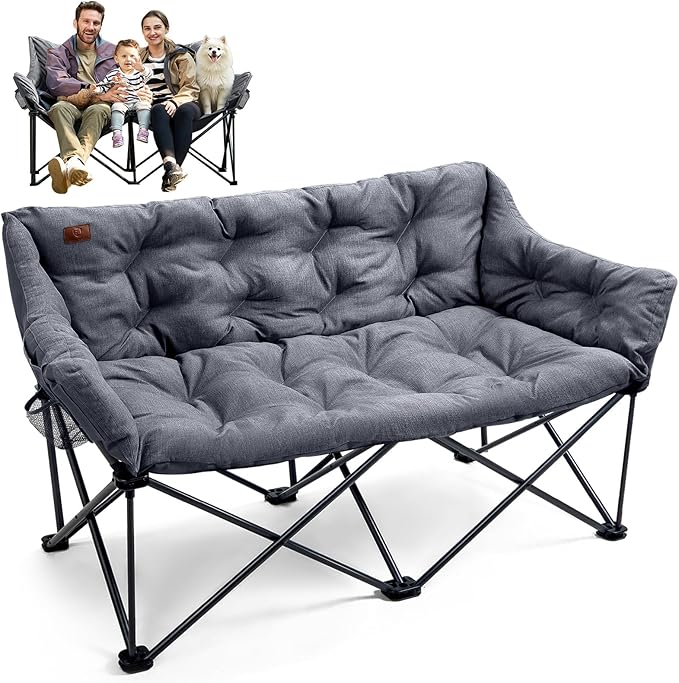 EVER ADVANCED Extra Large Double Camping Chair for Adults, Family Size Padded Folding Camping Love Seat Bench with Side Po...