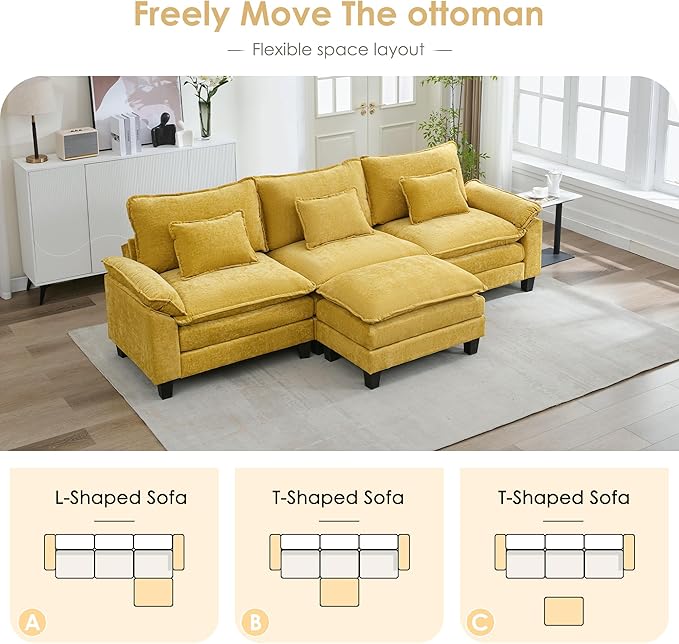 URRED Cloud Couch Modular Sectional Sofa, 122'' Modern L Shaped Deep Seat Sofa with Ottoman & Pillows, Ultra Comfy Chenille Couches for Living Room, Bedroom or Apartment. Yellow