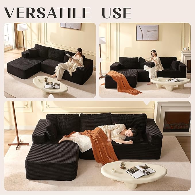 Afuson 107" Boneless Couch with Deep Seat, Modular Sectional Sofa, Cloud Sectional Couch for Living Room, No Assembly Required, Corduroy, L-Shape Left, Black