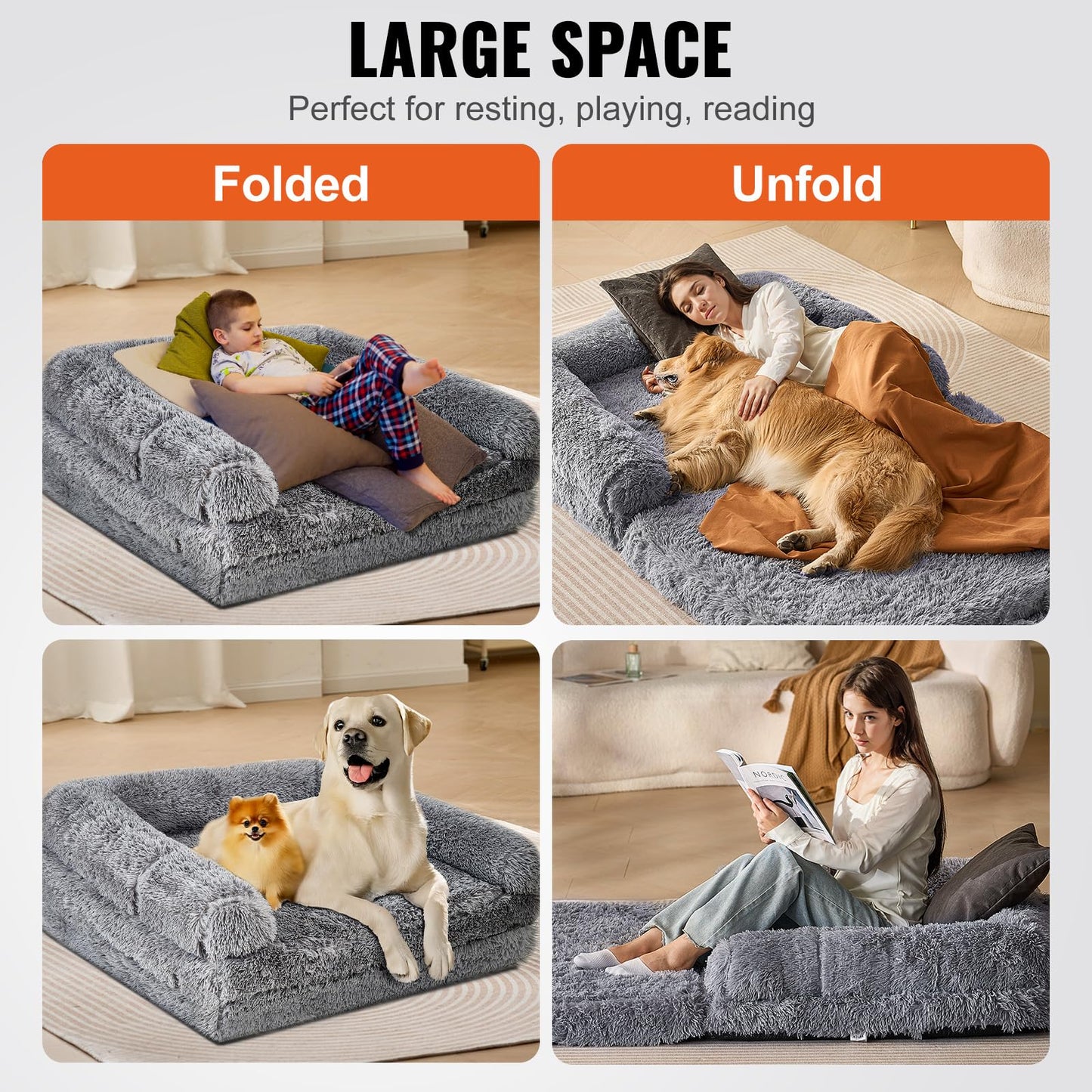VEVOR Foldable Human Dog Bed, 72"x48"x10" Giant Human Sized Dog Bed with Washable PV Velvet Cover, Egg Orthopedic Foam, Storage Pocket, for You and Pet, Grey