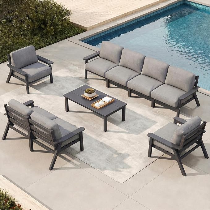 Patio Kingdom Patio Furniture Set 8 Seats, HDPE Outdoor Sectional with Gray Washable Thick Cushions, Coffee Table, Patio Conversation Sets for Lawn, Garden, Porch, Balcony, Deck (Grey Frame)