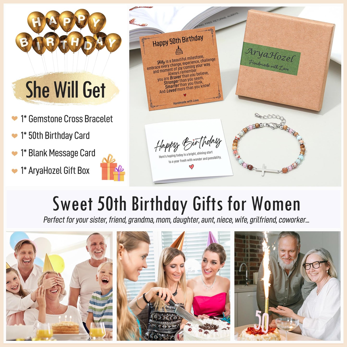 AryaHozel 50th Birthday Gifts for Her, Bead Cross Bracelet for Women Jewelry, 50th Birthday Decorations Women Unique 50 Year Old Bday Gift Ideas for Best Friend, Sister, Wife, Mom, Daughter, Female