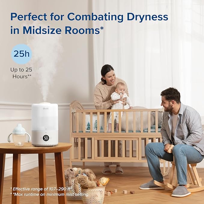 LEVOIT Smart Cool Mist Top Fill Humidifiers for Bedroom Baby with Sensor, Auto Humidity Setting, APP & Voice Control, Essential Oil Diffuser, Ultra Quiet Operation, Easy Top Fill, 3L, White