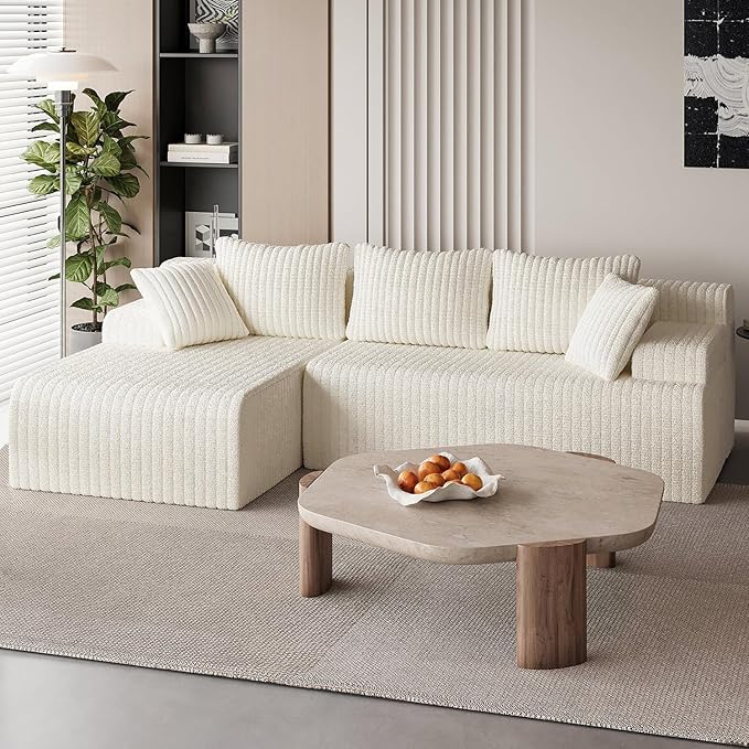 LAUSAINT HOME 96" Modular Sectional Sofa Couches, L-Shaped Boneless Cloud Sofa with 3 Deep Seat, 5 Cushiones Oversized Chaise for Living Room, Bedroom, Plush Corduroy Fabric (Left, Beige)