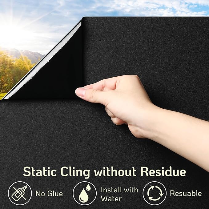 LUTE Blackout Window Film, Sun Light Blocking Frosted Privacy Cling for Glass, Darkening Window Tint for Day Sleep Black Out Shades, UV Blocking Static Cling Blackout Cover, 23.6" x 118.1"