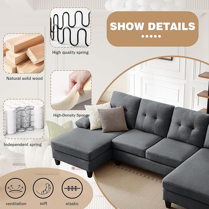 Chireca 111" Sectional Couch for Living Room, Modern Polyester Fibre U Shaped Sofa Couches with Double Chaise, Upholstered 4 Seater Sofa for Living Room, Apartment, Office, Dark Grey