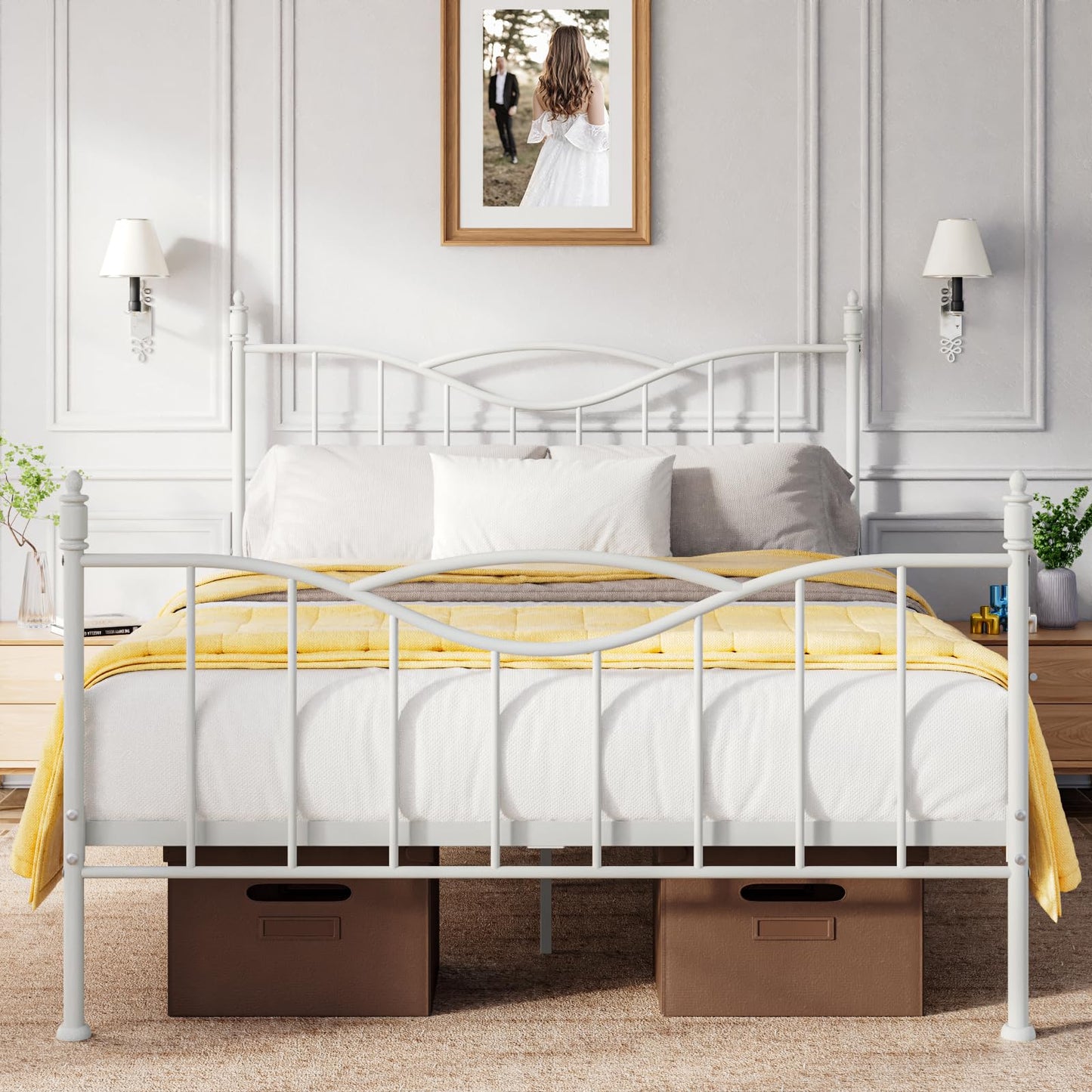 Florise Queen Size Bed Frame with Headboard, 14 Inch Tall Metal Platform Bed Frame Mattress Foundation with Footboard, Under Bed Storage, Strong Metal Slats Support, No Box Spring Needed, White