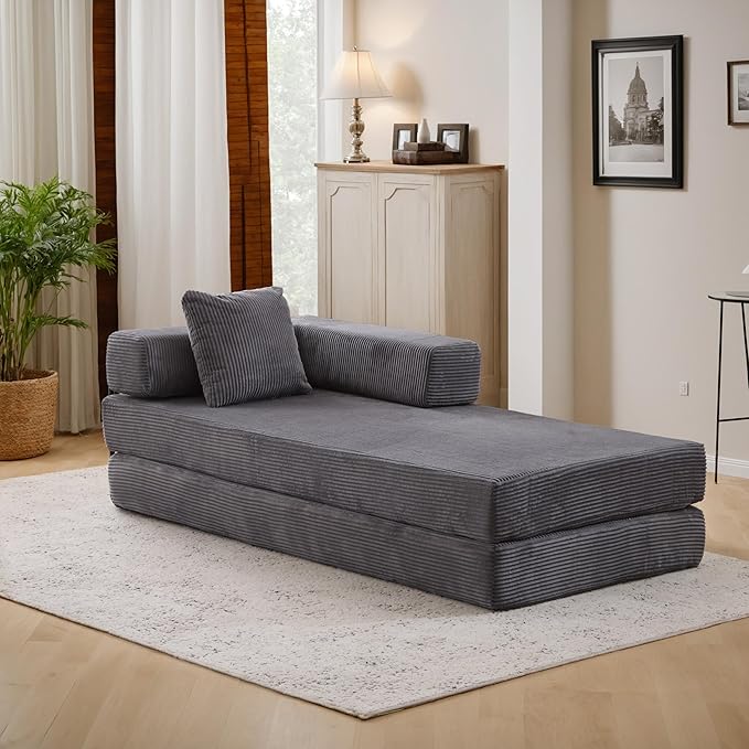 Convertible Couch Sofa Bed Foldable Floor Sleeper | Modern Fold Out Couch | Removable Backrest & Armrests | No Assembly Compression Sofa Sleeper for Living Room, Bedroom | Corduroy Fabric Gray