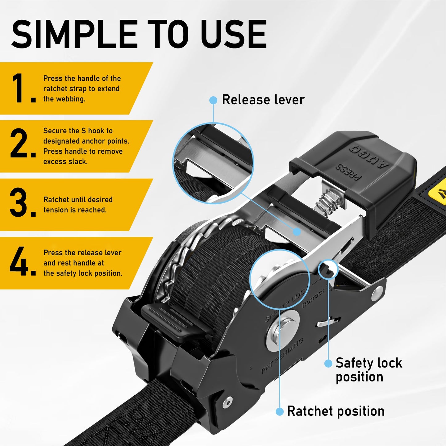 AUGO Self-Locking Retractable Ratchet Straps | 4 Heavy Duty Self-Tensioning Retractable Tie Down Straps with Soft Loops & Storage Bag | for Motorcycle, Truck, Cargo | 1500Lb Break Strength 1” x 12’