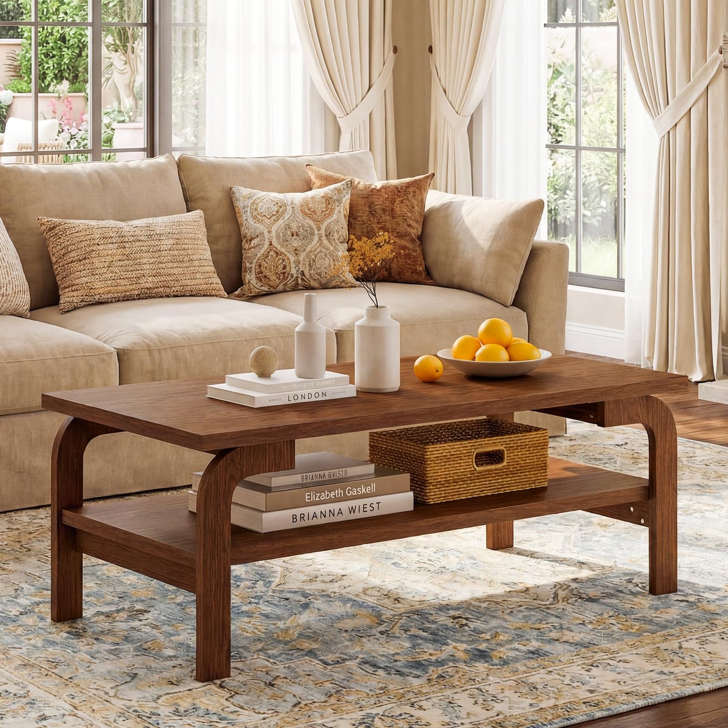 Giantex Mid Century Modern Coffee Table, 47" 2-Tier Center Table with Storage Shelf, Rectangular Vintage Cocktail Table w/Curved Legs & Large Tabletop, Wood Living Room Tables for Apartment, Walnut