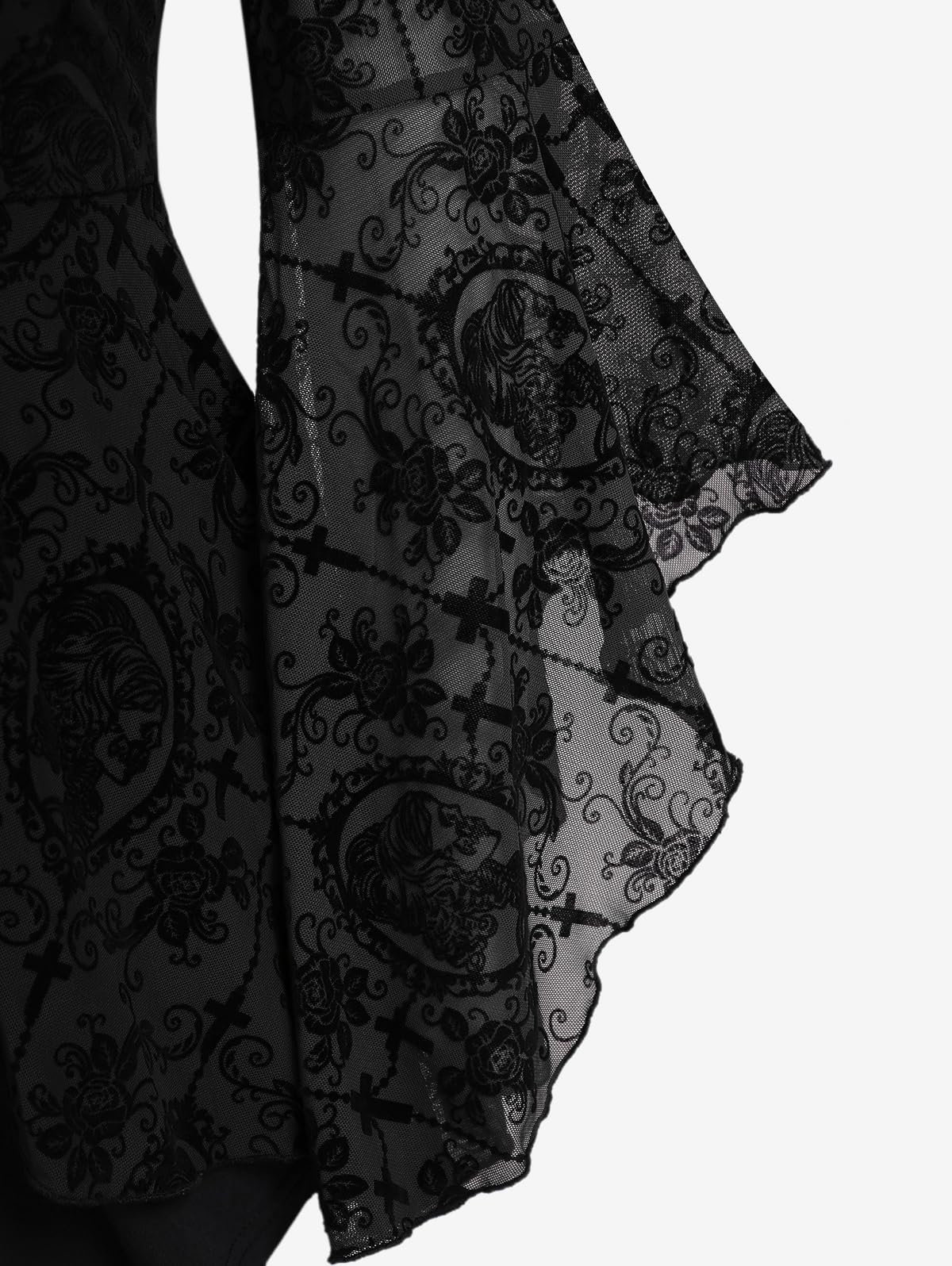 Rosegal Women Plus Size Flare Sleeves Ruffles Flower Lace Up 2 in 1 Top Long Sleeves Gothic Costume Top Bell Sleeves Twofer Tee(Black_5/L)