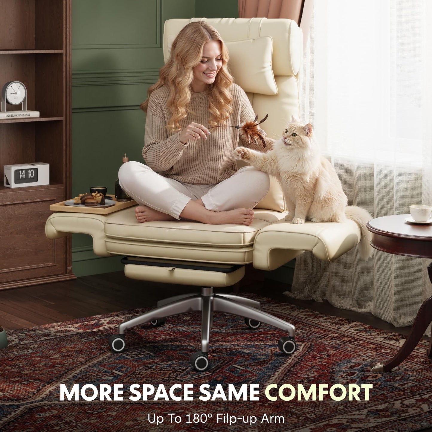FLEXISPOT Oversized Big and Tall Office Chair, 180° Flip Armrests for Pets&Cross Legged, Computer Desk Chair with Footrest, Lounge Chairs for Home Office Gaming Working, ScratchSafe Air Leather, Beige