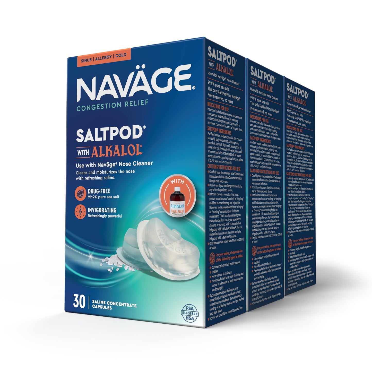 Navage SaltPod w/Alkalol (3 30-Packs) - Exclusively Designed Nasal Rinse - Sinus Rinse Alkalol Pods for Fast Relief (90 SaltPod Refills)