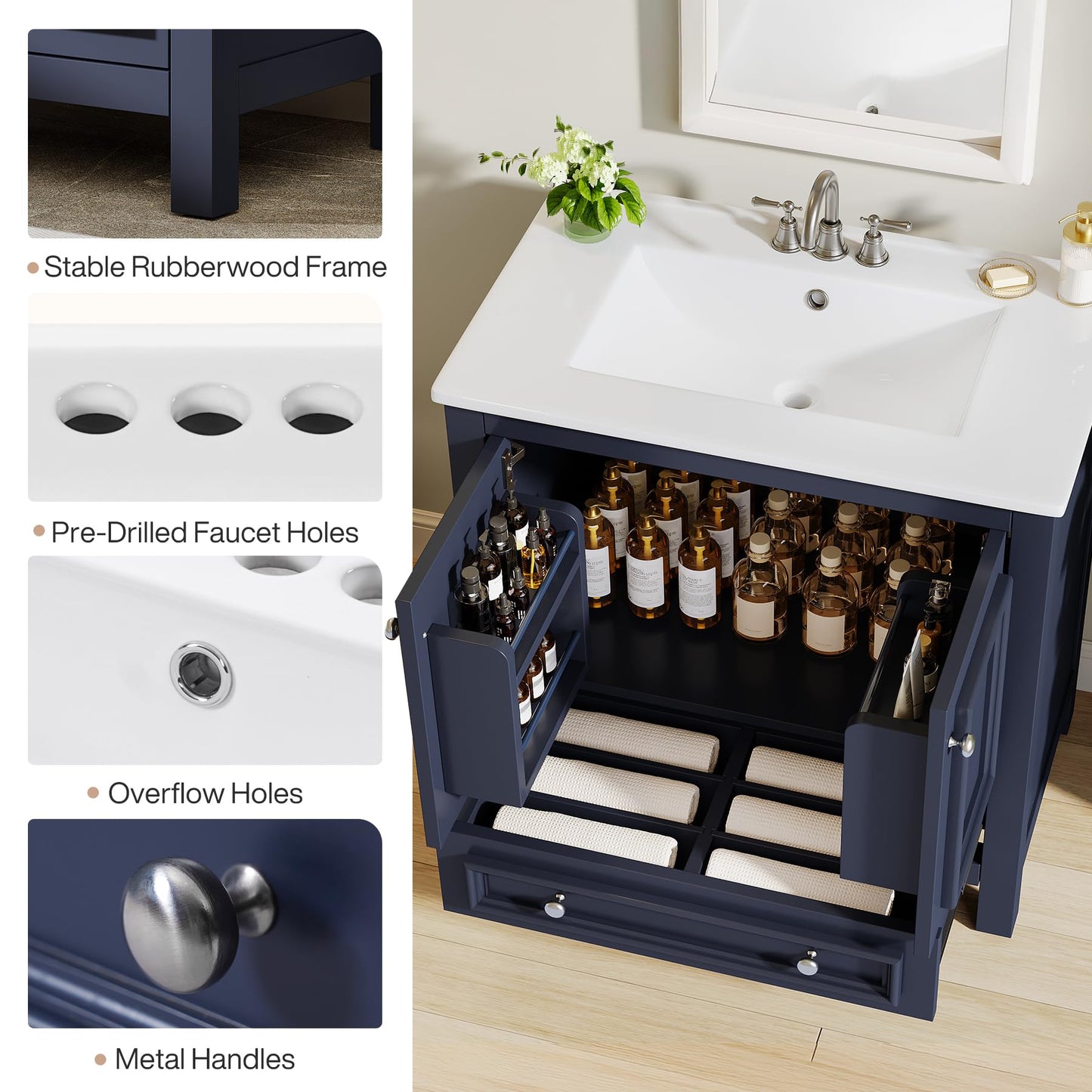 Tribesigns Modern Bathroom Vanity with Sink, Freestanding Bathroom Vanities Cabinet with Ceramic Basin Combo, Bathroom Sink Cabinet with 2 Doors and 1 Drawer, Solid Wooden Frame (Navy Blue, 30 INCH)