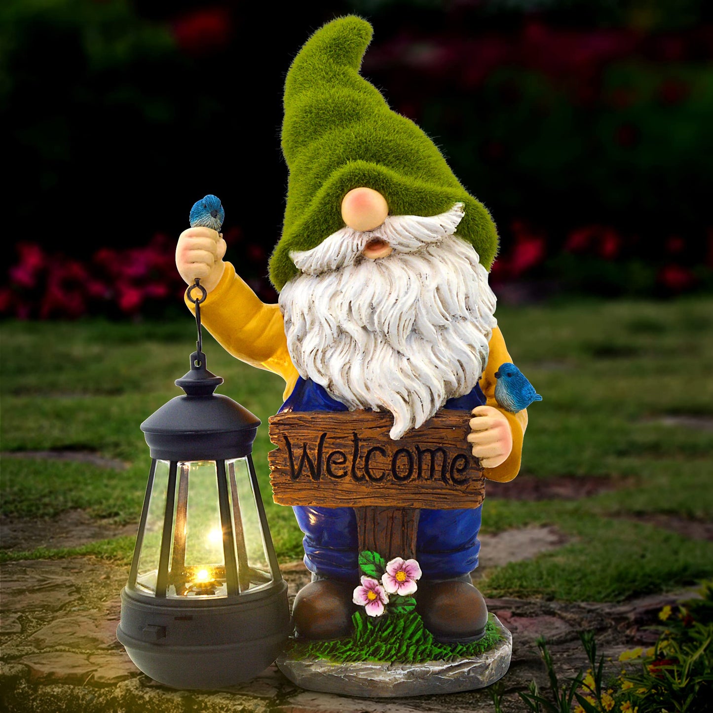 Olekki Garden Gnomes Outdoor - Flocked Gnome Statue Holding Lantern with Solar LED Lights | Gnomes Garden Decorations for Patio, Yard, Lawn Ornaments - Gnome Gifts