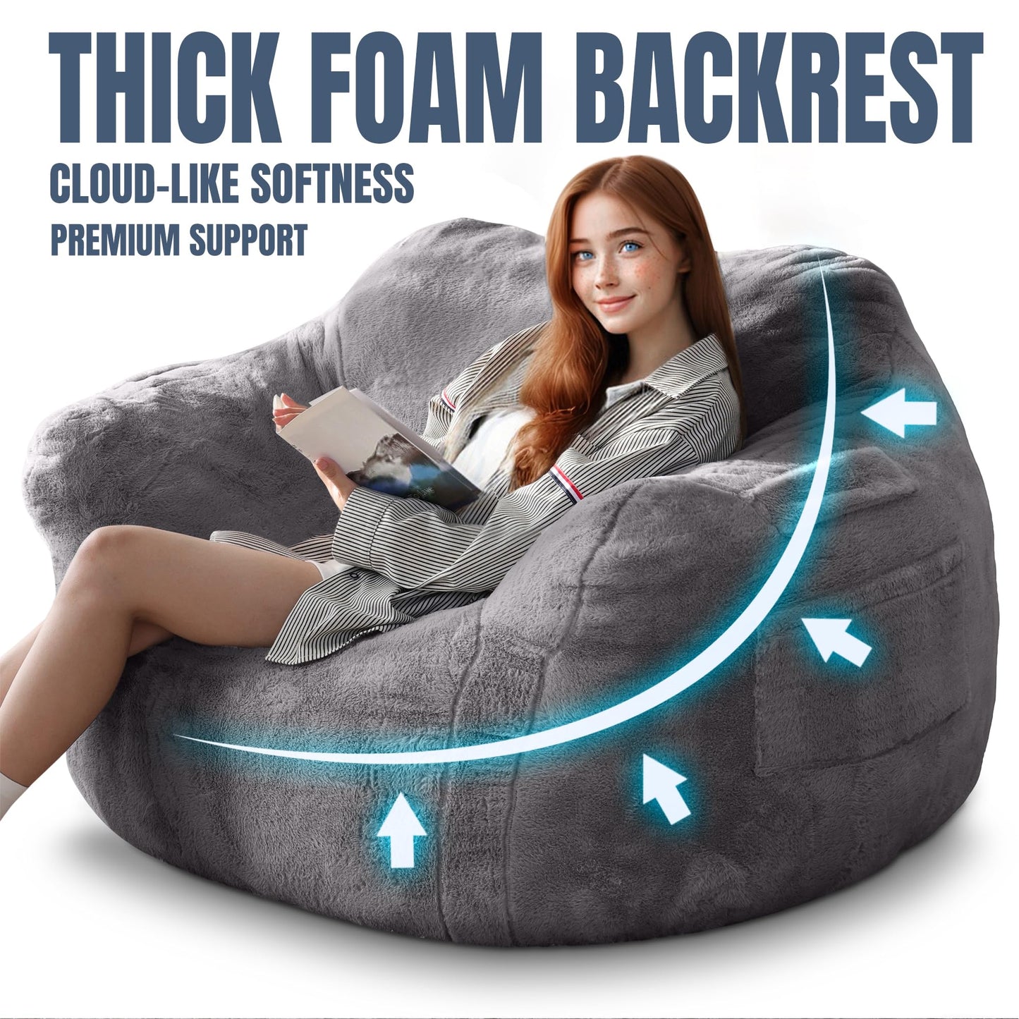 Thoustars Large Bean Bag Chairs for Adults - Oversized Memory Foam Filled Bean Bag Sofa | Fluffy Adult Bean Bag Chair, Big Bean Bag Chairs for Living Room, Bedroom & Dorm - Dark Gray