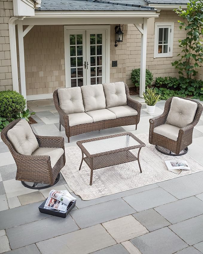 ACTREST Patio Couch Outdoor Wicker Sofa - Heavy Duty All-Weather Brown Rattan 3-Seater with High Back and Comfortable Thick Cushions for Garden Back Porch Poolside Apartment - Beige