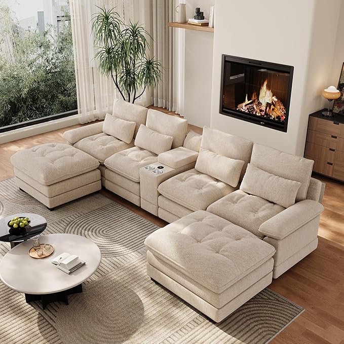 BEQAI 134"U Shaped Sectional Couches for Living Room, Oversized Modular Sectional Fluffy Couch with 2 Ottoman & Storage Console,Modern 6 Seat Living Room Sofa with Glitter Fabric,Tufted Buttons, Camel