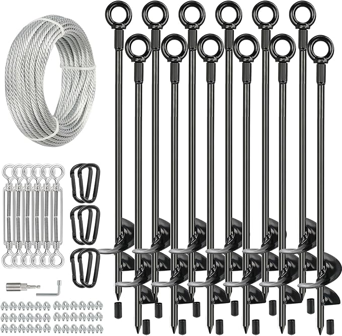 hannger 12 Pcs 30" Long Ground Anchors Shed Anchors Kit with 3/16" Galvanized Cable & Turnbuckles & Carabiners, Heavy Duty Earth Anchors for Sheds Trees Trampoline Greenhouse Swing Set Tent.