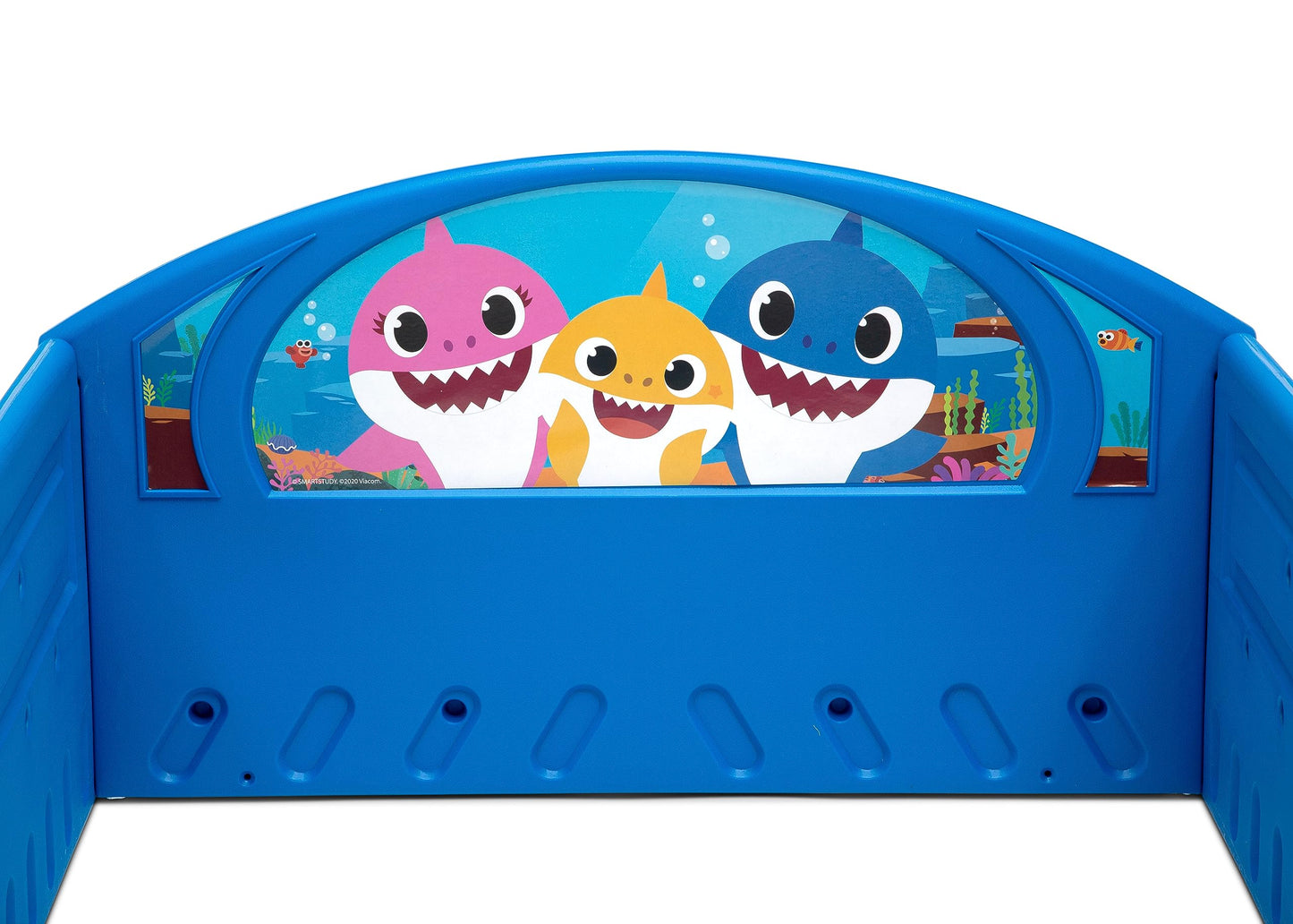 Baby Shark Plastic Sleep and Play Plastic Toddler Bed with Attached Guardrails by Delta Children, Blue