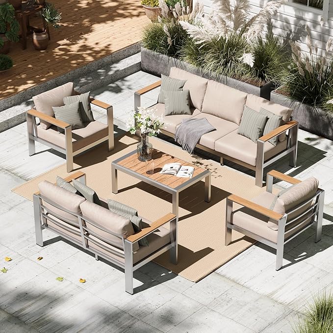 Oasbira Aluminum Outdoor Patio Furniture Set with Coffee Table, 5 Piece Outdoor Conversation Sets with Washable Thick Cushions, Patio Sectional Furniture Set for Porch, Lawn, Garden, Silver