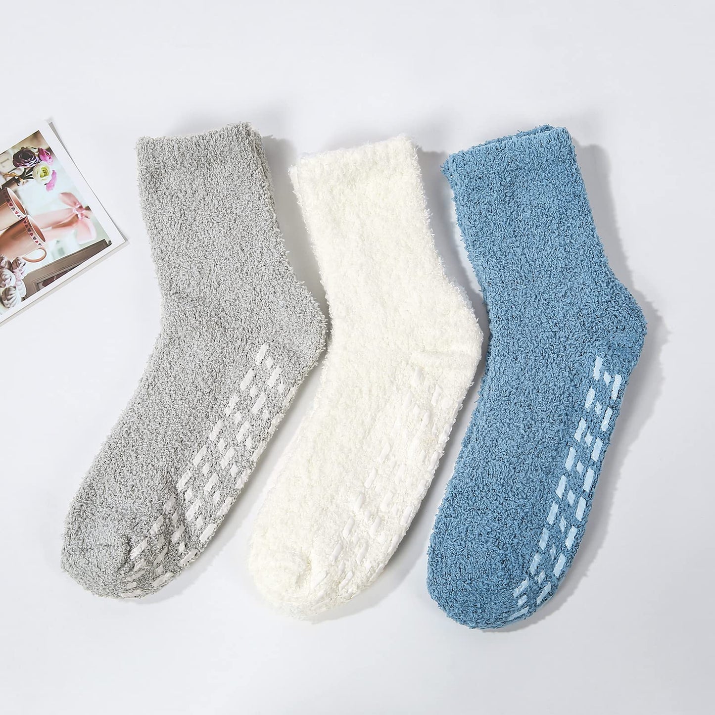 Hospital Non Slip Socks with Grips for Women Fuzzy Fluffy Grippy Warm Slipper Socks with Grip for Women No Slip 3 Pairs Blue Gray White