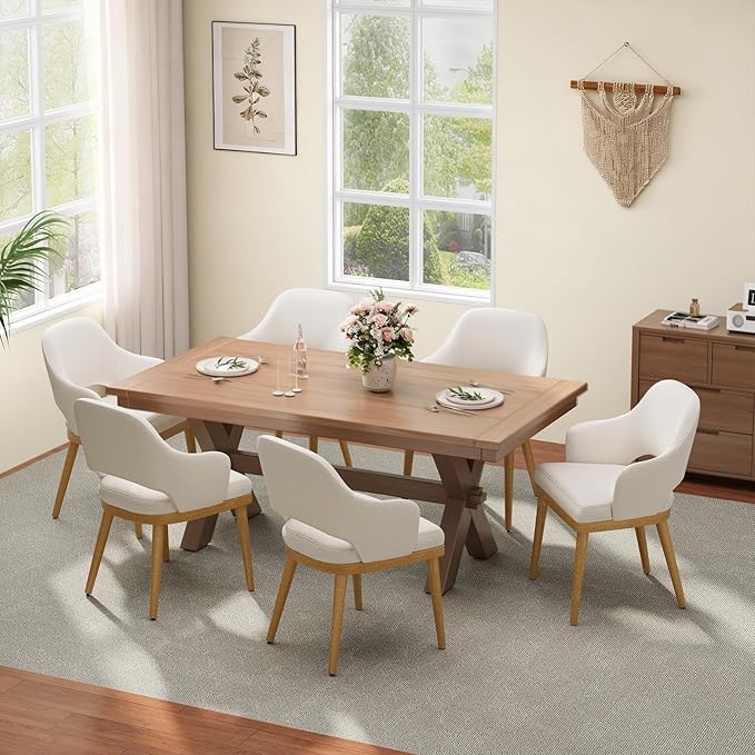 MALOL Wooden Dining Chairs Set of 6, Modern Fabric Upholstered Dining Room Chair, Kitchen Side Chairs, Farmhouse Dinner Chair with Open Back for Kitchen, Beige