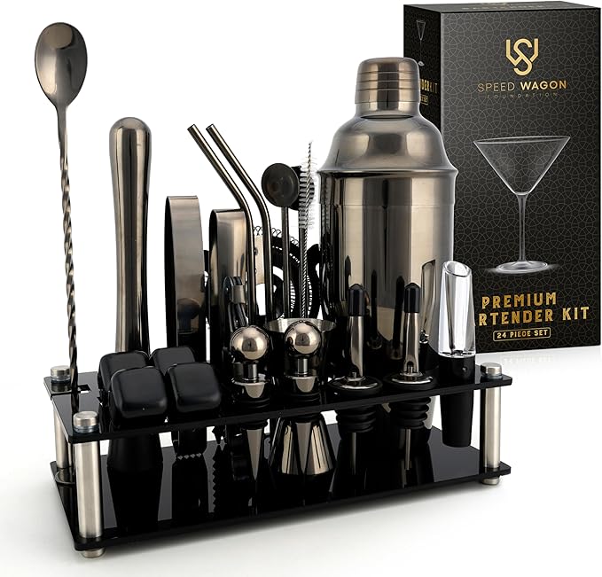 Mixology Bartender Kit – 24 Piece Gun Metal Cocktail Shaker Set w/Stand – Essential Home Bar Accessories Martini Shaker, J...
