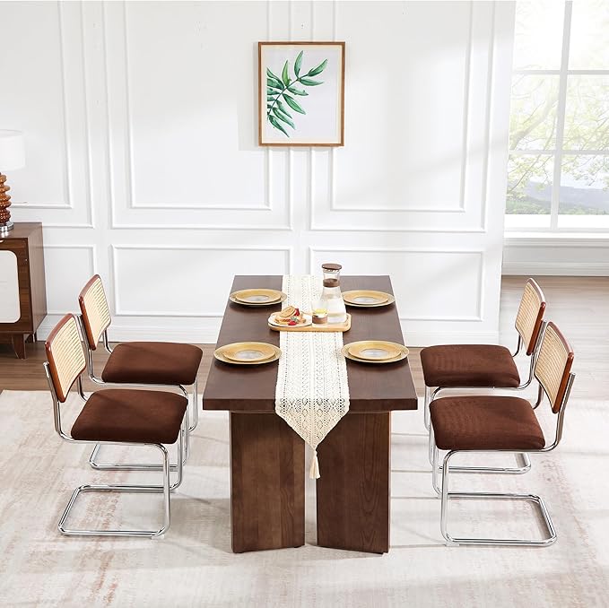 Zesthouse Rattan Dining Chairs Set of 4, Mid Century Modern Dining Room Chairs with Natural Cane Mesh & Chrome Base, Brown Cesca Chair Chenille Fabric, Farmhouse Kitchen Chair with Solid Wood Back