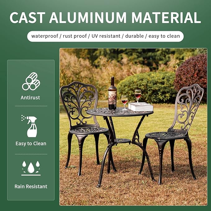 Withniture Outdoor Bistro Set 3 Piece Patio Bistro Set with Umbrella Hole, Weather Resistant Bistro Table and Chairs Set of 2 for Porch Garden, Bronze