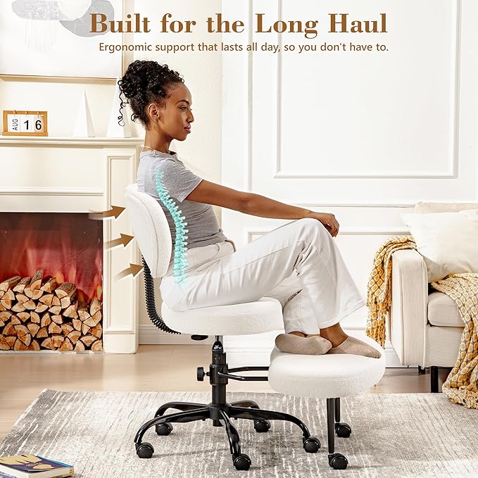 Ergonomic Cross Legged Office Chair with Wheels - Adjustable Height for Meditation, ADHD Desk & Yoga - Wide Criss Cross Design with Lumbar Support, Kneeling Chair - Off White
