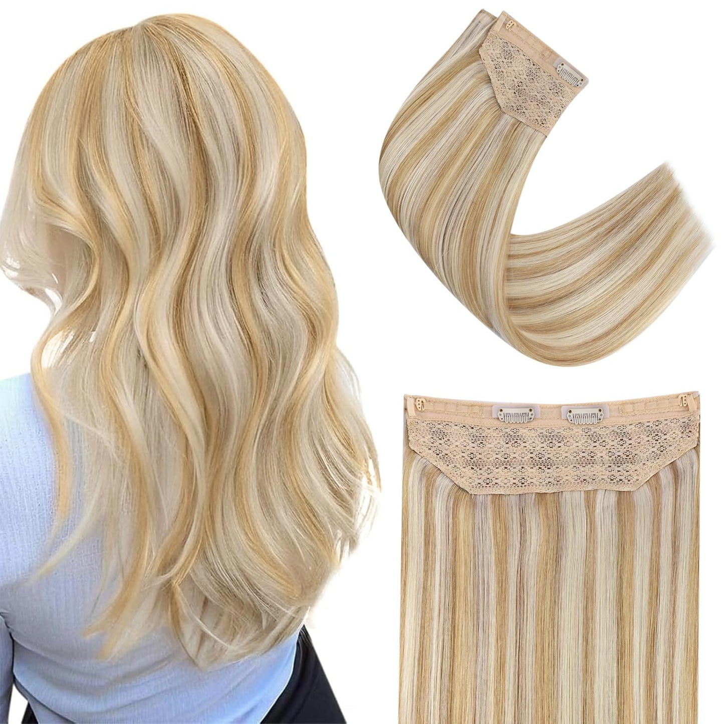 Easyouth Wire Human Hair Extensions Highlights Invisible Wire Real Hair Extension Honey Blonde Highlight Bleach Blonde Layered H