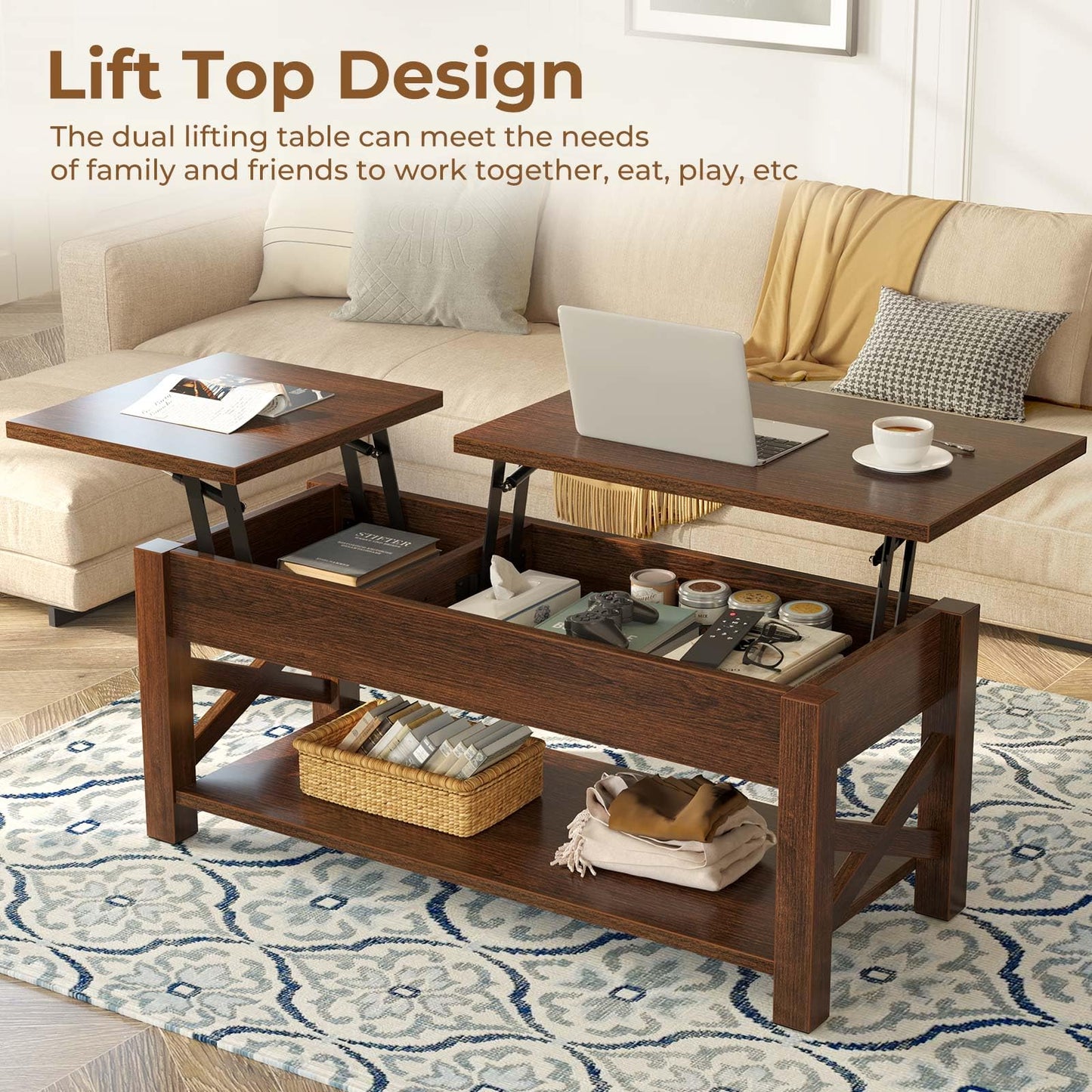 Rolanstar Coffee Table, 47.2" Lift Top with Hidden Compartment, 2 Way Lift Top Coffee Table with Open Shelf & X Wooded Support, Farmhouse Center Table for Living Room, Black