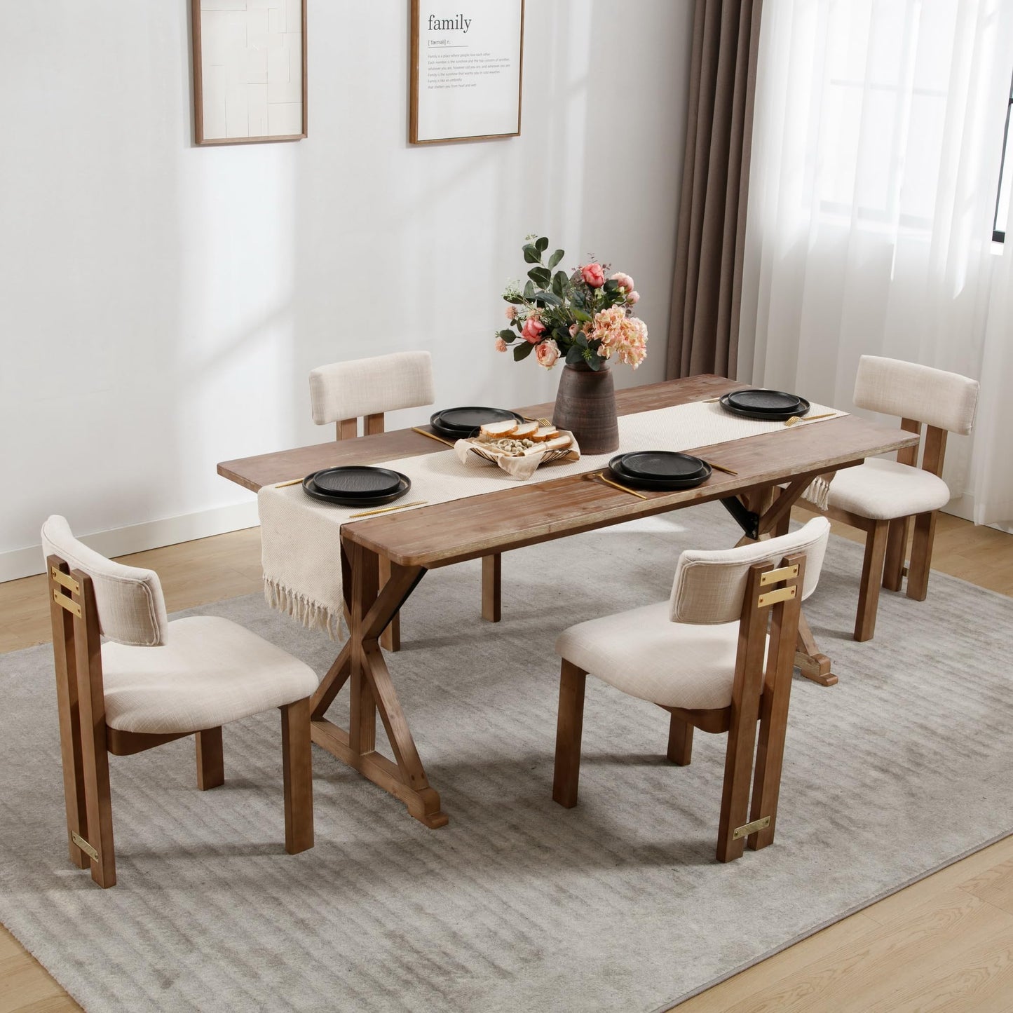BESTANO Linen Wooden Dining Chairs Set of 4, Modern Farmhouse Dining Room Kitchen Chairs with Curved Backrest Natural Wood Legs, Armless Dining Chairs, Beige