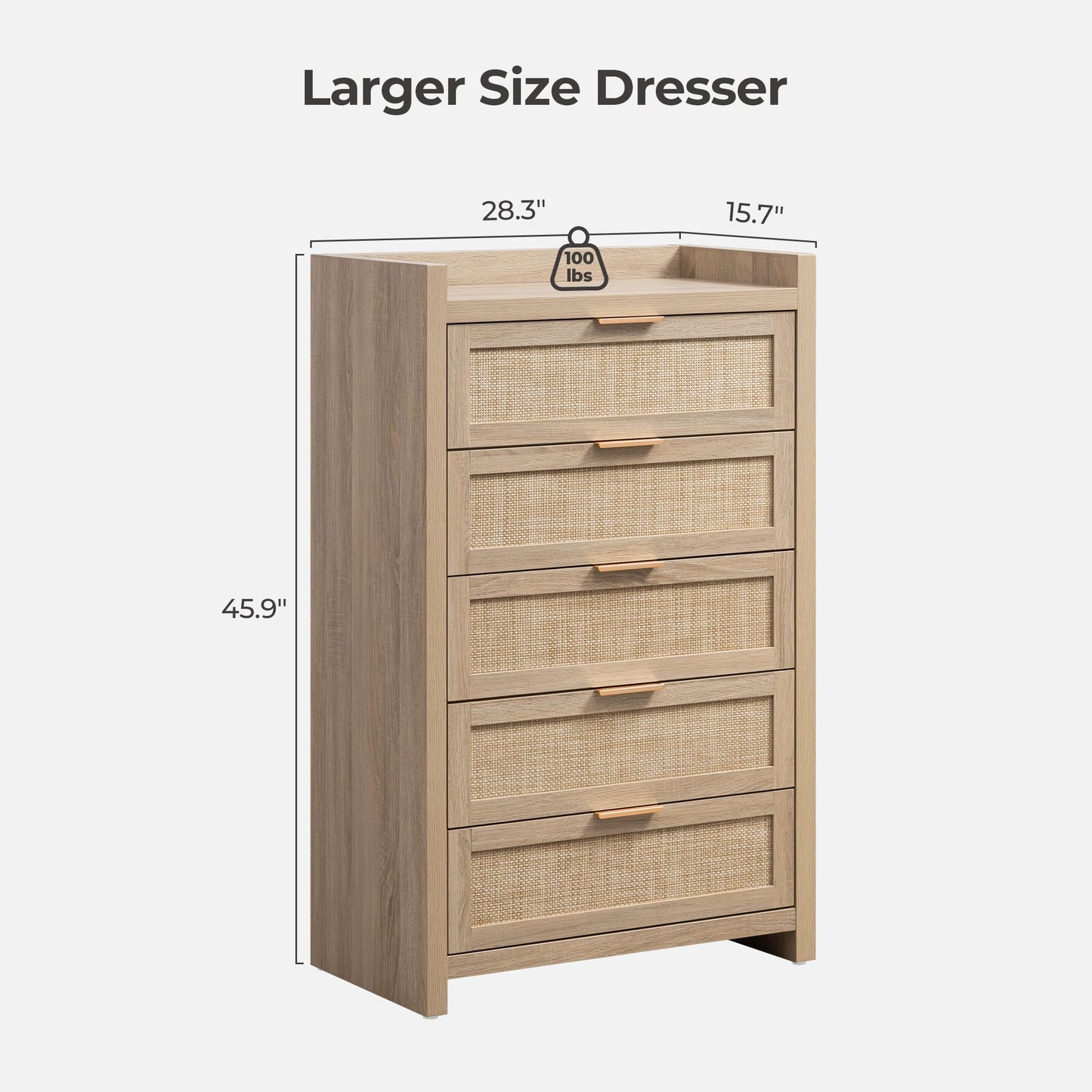 SICOTAS Dresser for Bedroom Chest of Drawers 46" Tall Dresser for Closet with 5 Rattan Drawers Boho Night Stand Large Clothes Storage Cabinet for Living Room Hallway Nursery Entryway