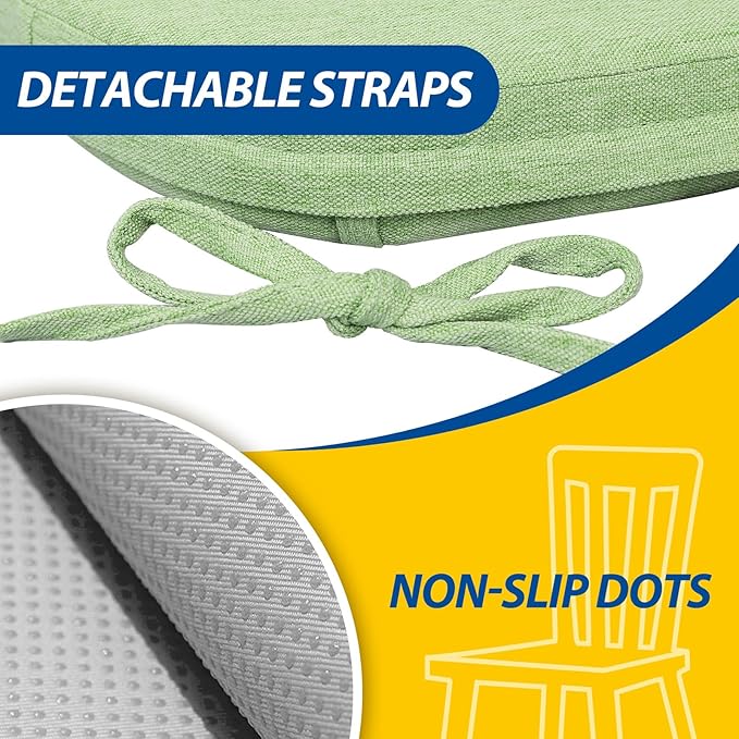AAAAAcessories D-Shaped Chair Cushions, 2" Thick Dining Chair Pads with Ties and Removable, Machine-Washable Cover, 17" x 16", Set of 2, Pear Green
