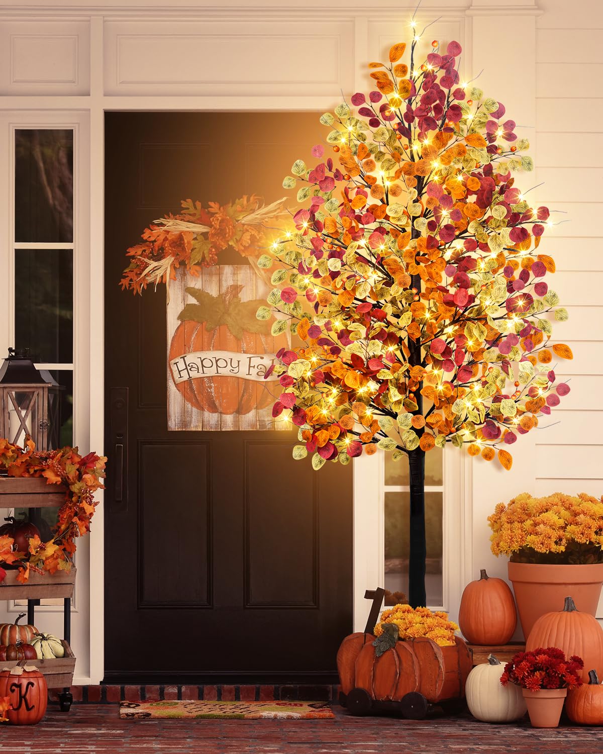 Agusbagli 7FT 128LED Artificial Lighted Fall Eucalyptus Tree, Fall Decorations for Home with Timer Dimmable 8 Modes Fall Light Up Tree with 768 Leaves for Indoor Outdoor Autumn Thanksgiving Decor