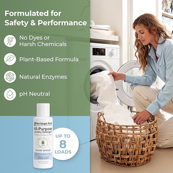 Heritage Park Luxury Laundry Detergent | Dermatologist Tested Plant based Natural & Enzyme Laundry Detergent | Sensitive Skin Friendly - Shore Breeze (4 fl oz Trial Size)