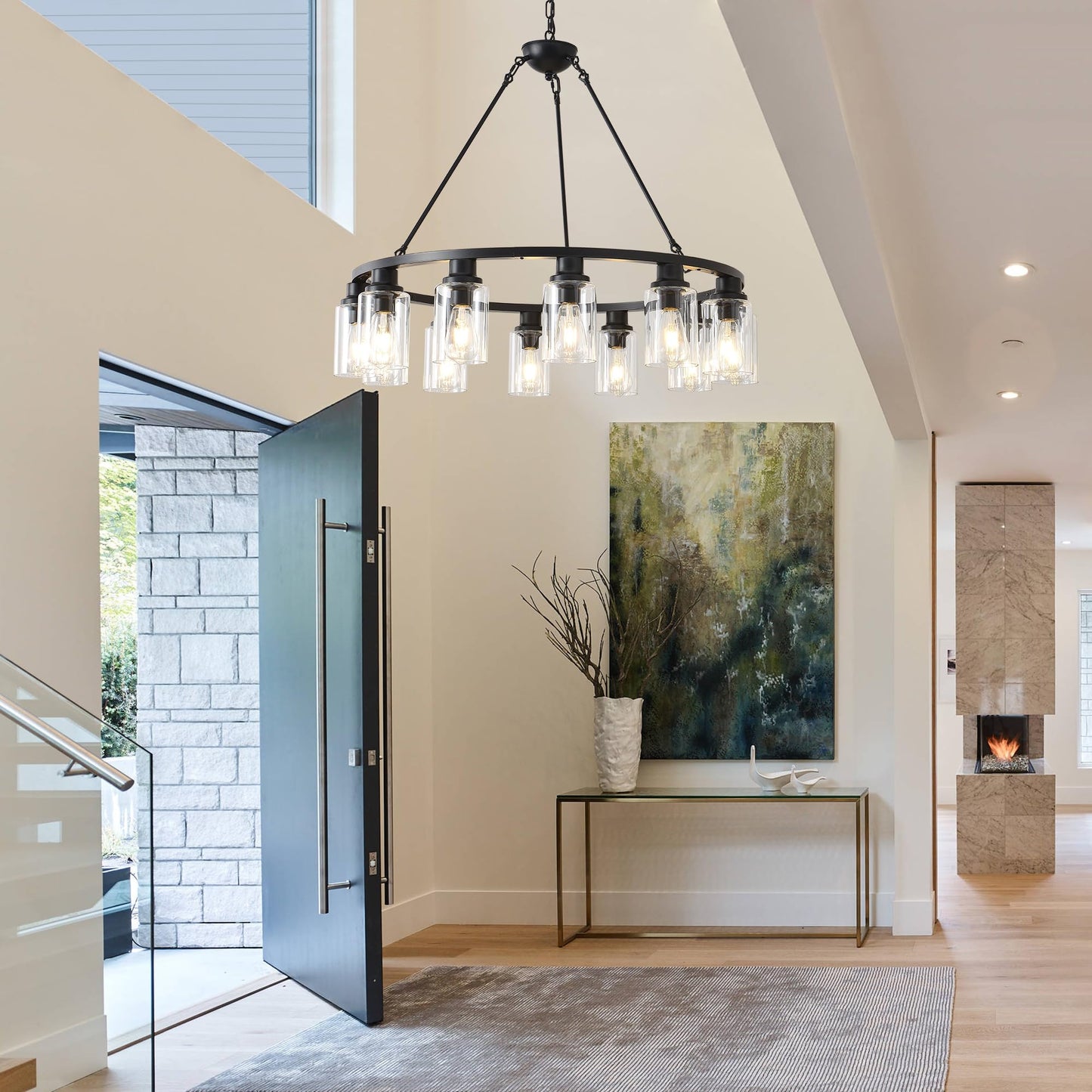 JTYP 32“ Black Wagon Wheel Chandelier, 12-Light Farmhouse Glass Pendant Lights Kitchen Island Round Hanging Lighting fixtures Ceiling for Living Room, Dining Room, Kitchen Island, Entryway, Foyer