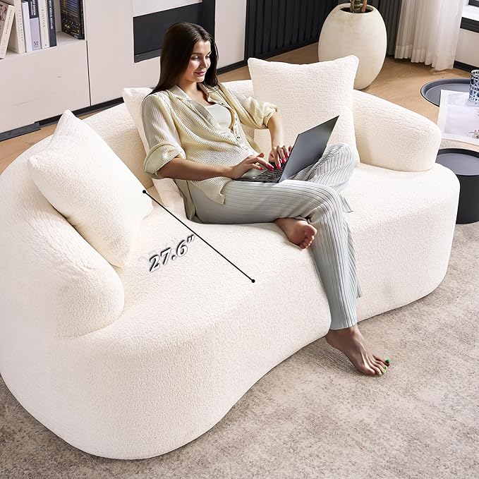 65'' Modern Curved Cloud Loveseat Sectional Sofa for Small Spaces, Luxury Plush Chenille Deep Seat Couch with 3 Pillows, No Assembly Needed Apartment Living Room Furniture, Beige