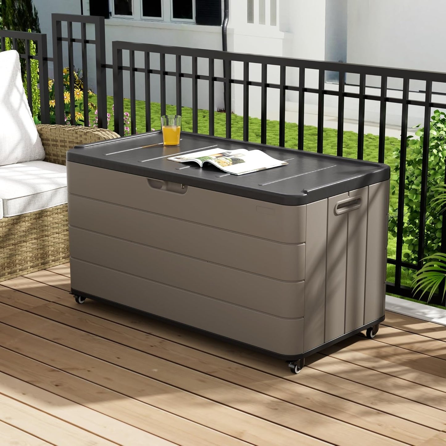 100GAL Brown Wicker-Textured Deck Box with Wheels – Lockable, Waterproof, UV-Resistant, Spacious Storage for Patio & Garden Supplies, Easy Handling