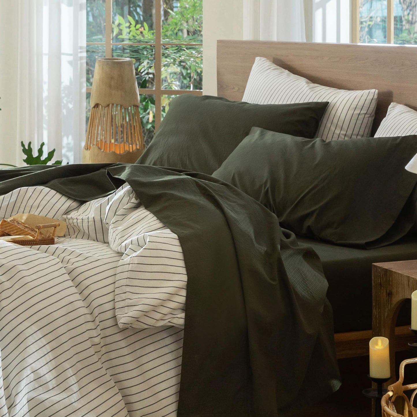 MooMee Bedding Sheet Set 100% Washed Cotton Linen Like Textured Breathable Durable Soft Comfy (Solid Olive Green, King)