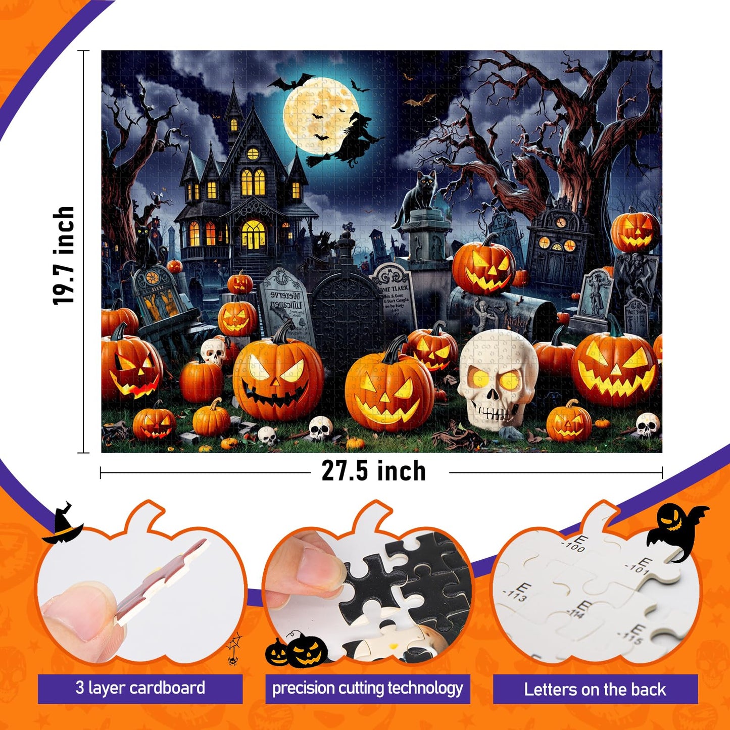 Halloween Puzzles 1000 Pieces-Creative Play & Haunted House Pumpkin,Witch,Skeleton,Ghost,Grave Theme Puzzles-for Holiday Party Gifts or Halloween Home Decorations