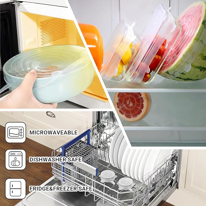 4 Pack 9.8in Reusable Silicone Stretch Lids, Silicone Bowl Covers for Food Storage, Universal Stretchable Lids for Containers Produce, Elastic Expandable Seal Cover, Microwave Freezer Safe