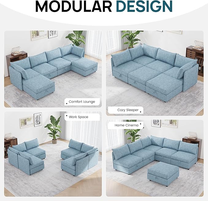 FIRLZY Oversized Modular Sofa with Removable Covers and Storage, Convertible U, L-Shaped and Sleeper Sectional, Modern Sectional Couch with Ottoman Chaise for Living Room, Blue Textured, 6 Seat Sofa