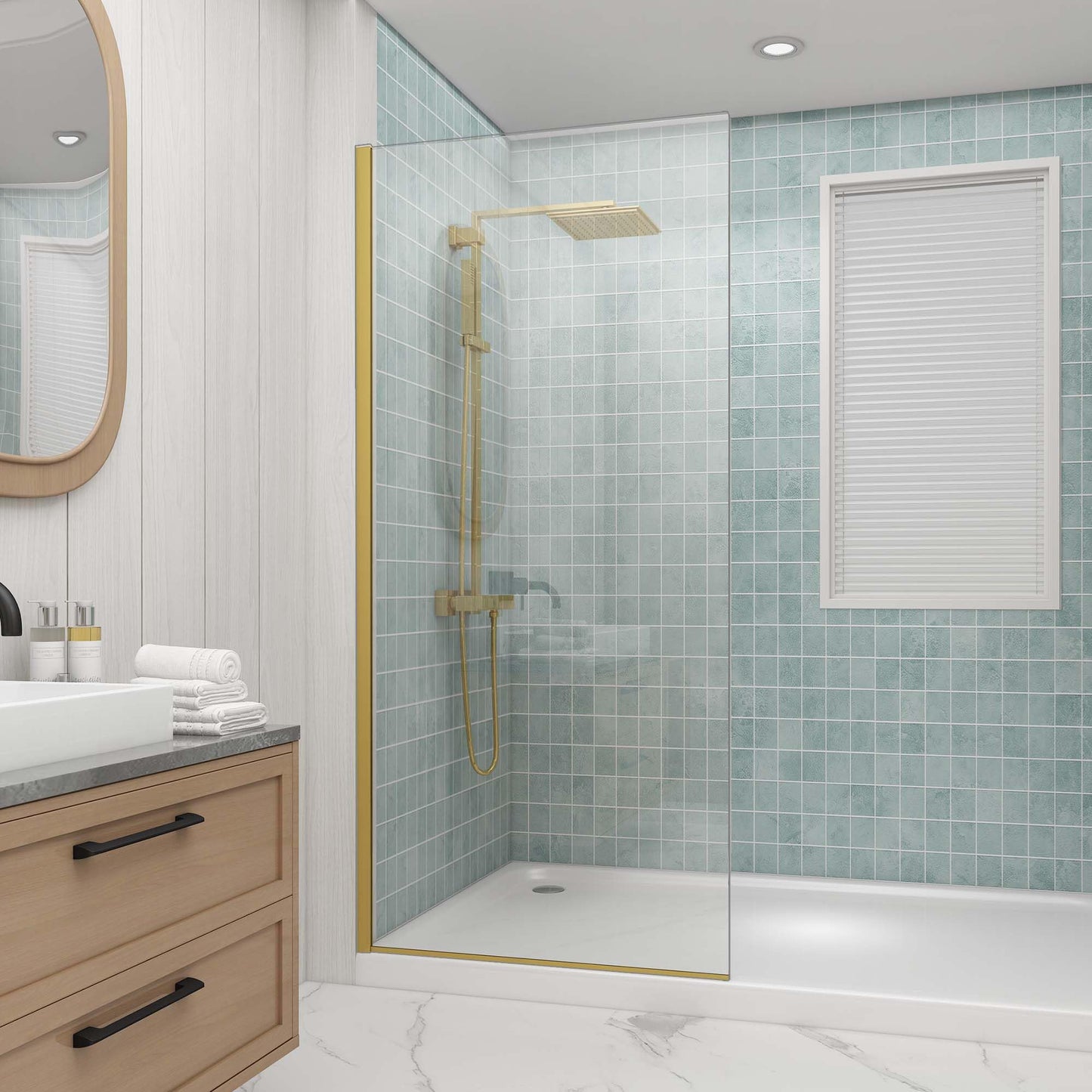 Sunrosa 32"×76" Shower Glass Panel,8mm Thick Glass Shower Panel,Brushed Gold Semi-Frameless Bathroom Shower Glass, Easy to Clean