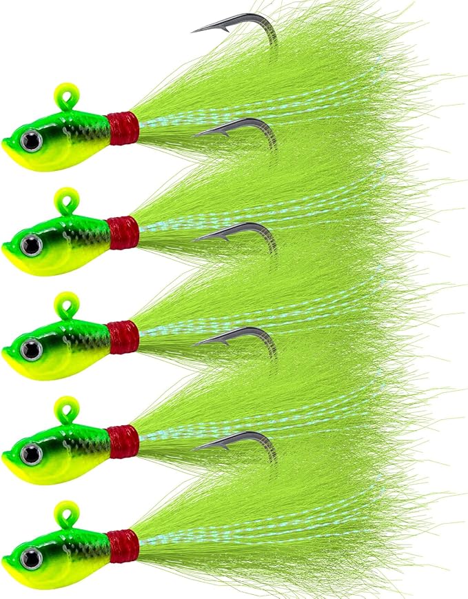 Alwonder 5-Pack Bucktail Jigs Hair Jigs Saltwater Freshwater Fishing Bucktail Lures Surf Fishing Jig Heads White Luminous ...