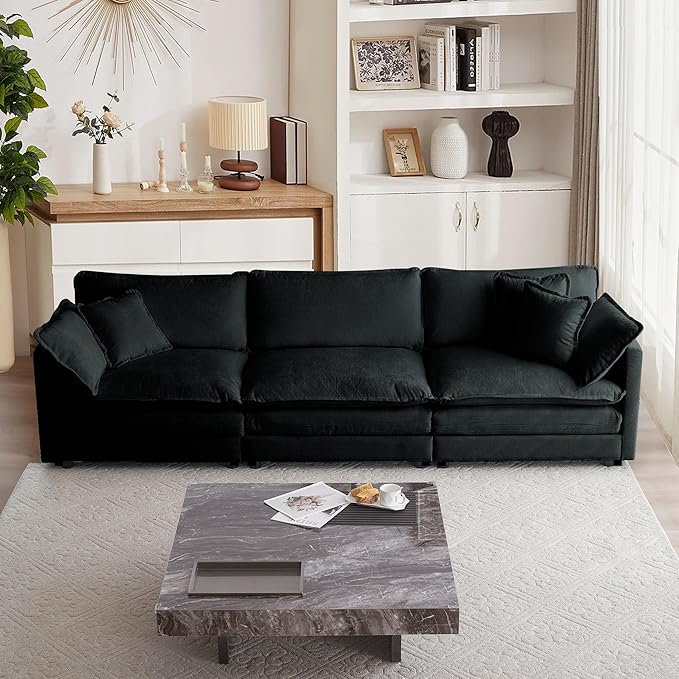 mikibama Luxury Modular Sectional Sofa, 111.5" Modern Chenille Comfy Cloud Couches for Living Room Office, 3 Seater Deep Sofa with 2 Armrest Pillows and 3 Toss Pillows, Black