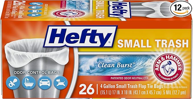 Hefty Flap Tie Small Trash Bags - Clean Burst, 26 Count, Pack of 12