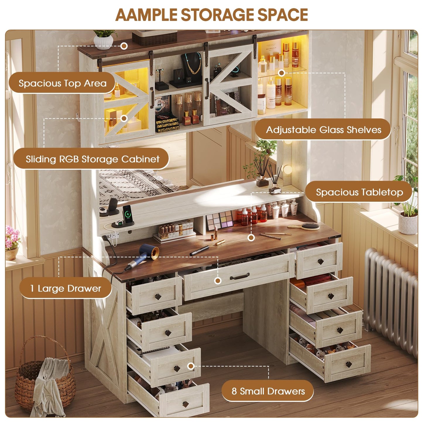 busyaeh Farmhouse Vanity Desk with Mirror and Lights,75.2" Makeup Vanity with 9 Drawers & 2 Sliding RGB Door and Charging Station,Vanity with 3 Color Light Modes,Big Vanity for Bedroom,Antique White